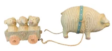 Rustic Folk Art Primitive Pig Pulling Wood Cart W 3 Piglets Carriage Farmhouse