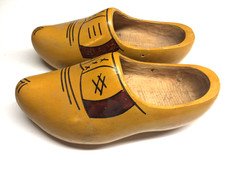 Vintage Wooden Dutch Clogs Yellow Hand Painted Face Holland Folk Art Shoes Decor