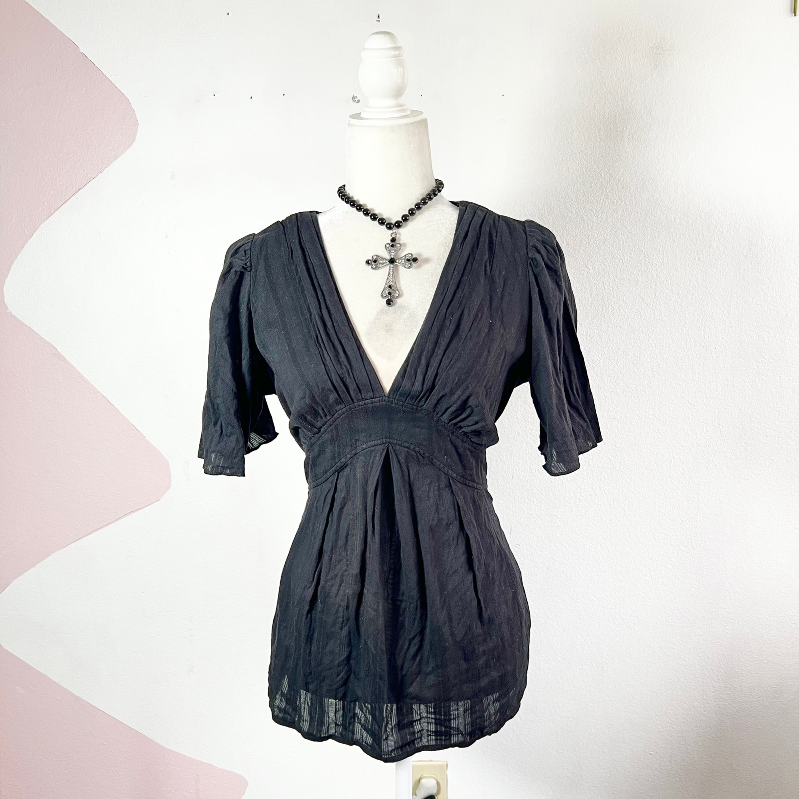 Vintage Y2K Black Babydoll Top Gothic Whimsigoth Victorian Emo Grunge Medium