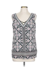 WHBM Sleeveless Double Layer V Neck Black Pink Embroidered Tank Blouse S