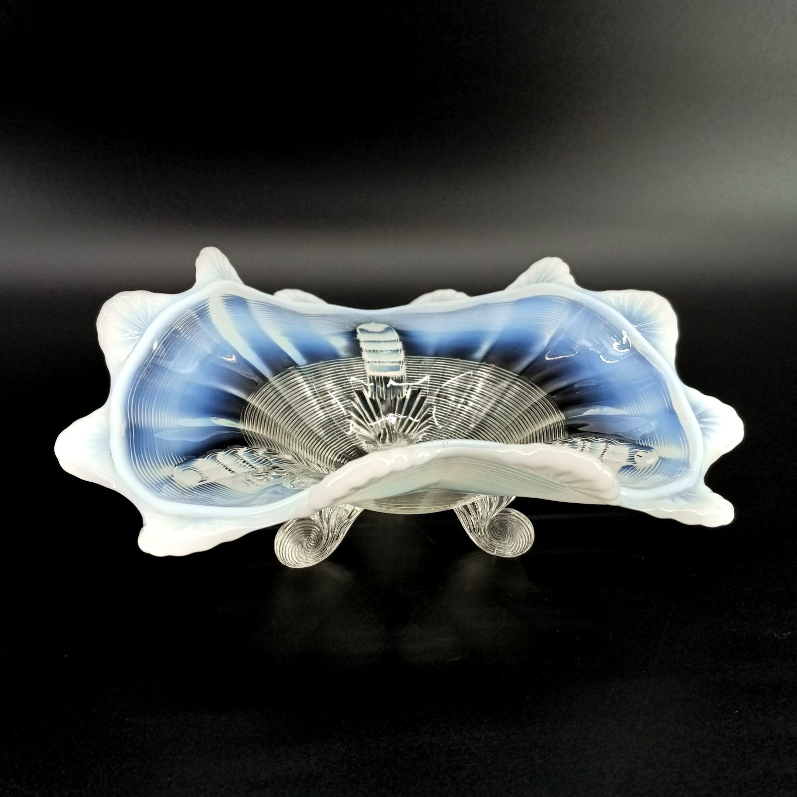 White Northwood Opalescent Glass Klondyke Three 3 Footed Candy Bowl / Dish