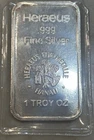 HERAEUS 1 OZ  .999 FINE SILVER BAR Vintage Tested