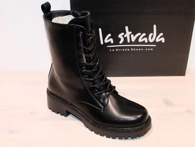 LA STRADA Stiefelette Biker Schnür-Boots Glitzer Zipper Vegan Schwarz - Neu !