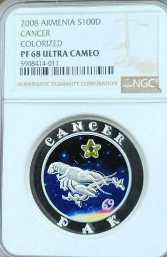 2008 ARMENIA SILVER 100 DRAM ZODIAC CANCER NGC PF 68 ULTRA CAMEO VERY SCARCE