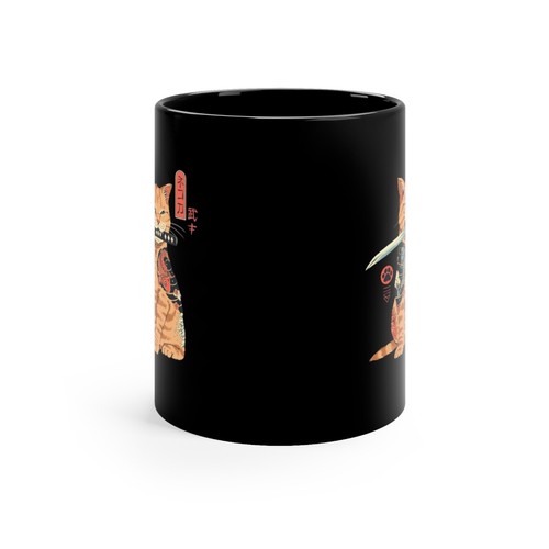 Samurai Kitty Ronin Retro Bushido Warrior Japan Sword Katana 11oz Black Gift Mug - Picture 3 of 7