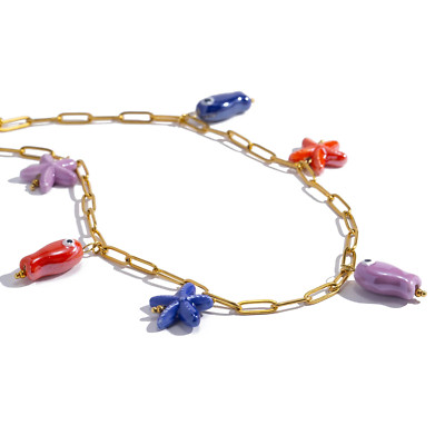 Ceramic Fish & Starfish Pendant Necklace ,18K Gold Plated Stainless Steel, Vibra