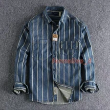 Vintage Washed Vertical Stripe Denim Shirt Mens Loose Cotton Long-sleeved Shirt