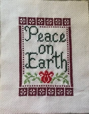 finished completed cross stitch unframed Bible verse Peace On Earth