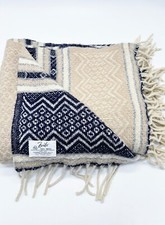 FARIBO THROW LAP BLANKET 100 WOOL BOHO 50  X48  Neutrals Tan Navy VTG