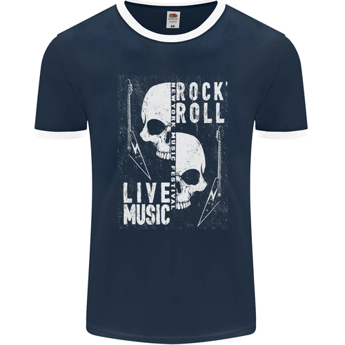 Rock n Roll Live Music Skull Guitar Mens Ringer T-Shirt FotL - Picture 14 of 29
