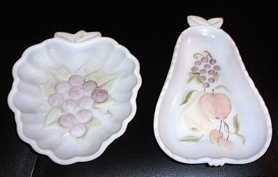 2 PCS-HANDPAINTED 1940's Hazel Atlas Milk Glass Fruit/Nut/Candy Dish-Grape&Pear