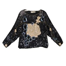 Vtg 80s Star Group Sz M 100 Silk Black Sequin Beaded Gold Rose Top Disco NYE
