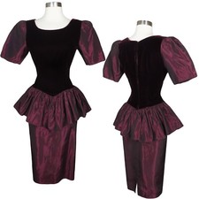 Vintage 80s Burgundy Velvet Taffeta Peplum Sheath Cocktail Party Prom Dress S