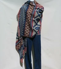 Yak Wool Blend|Kashmir|Shawl/Throw |Handloomed|Reversal|Coral/Blue/Wine/Pearl