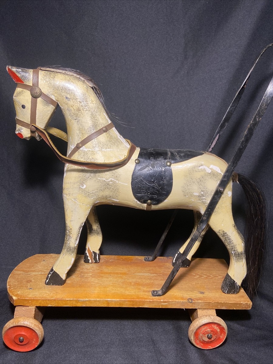 Antique Horse Push Along or Pull Toy 21” Hand Carved Exceptional
