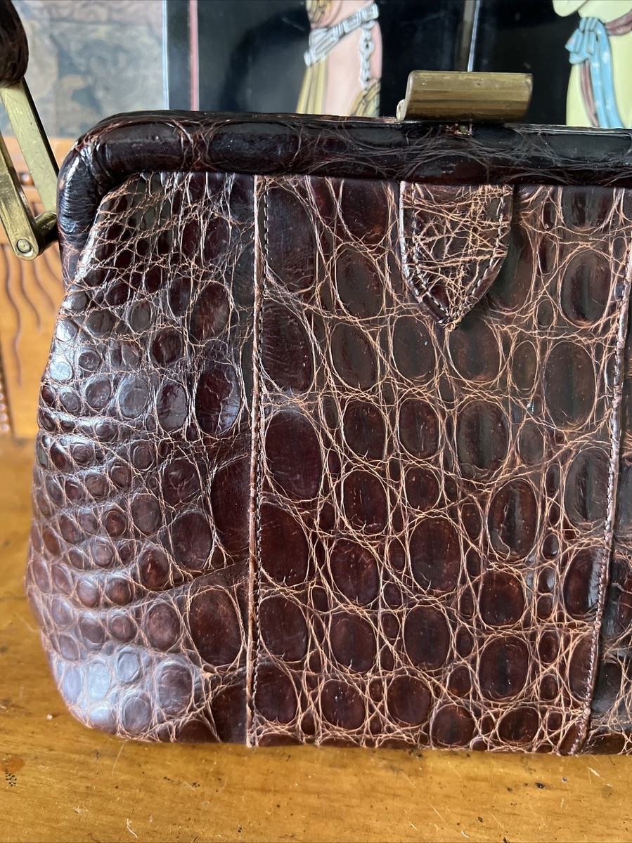 Brown Alligator VINTAGE 40s 50s PURSE Top Handle Bag Brass