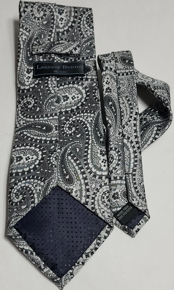 Laurant Bennet Milano Men's Tie Grey Silver Black Paisley Work Attire  - Image 3 of 4