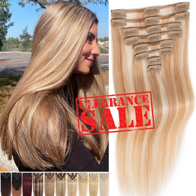 Clip In Extensions 100% Real Remy Human Hair 8PCS FULL HEAD Highlight 8-24INCH