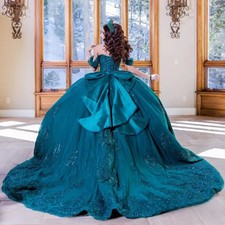 Blackish Green Shiny Ball Gown Quinceanera Dresses Applique Beads Bow Sweet 16