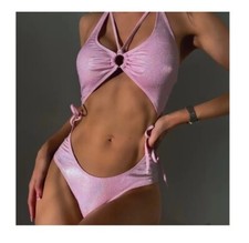 Women's Shiny Pink Cutout Monokini One-Piece Ring Detail Tie-Side High Cut Swim