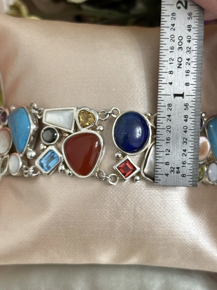 Sterling Silver 925 Multi Gemstone Multi Color Panel Chain Tennis Bracelet 8” - Image 4 of 4