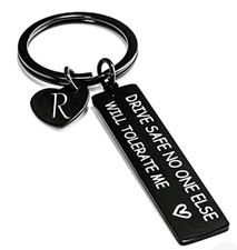 Drive Safe Keychain For Boyfriend: Valentines Day Gifts For Men "R" Initial Blk