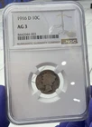 1916-D Mercury Silver Dime NGC 10C AG 3- KEY DATE RARE Denver Mint Coin