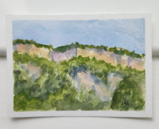 ACEO Dipinto originale a guazzo, catena montuosa, alberi, 2,5 per 3,5, piccola arte