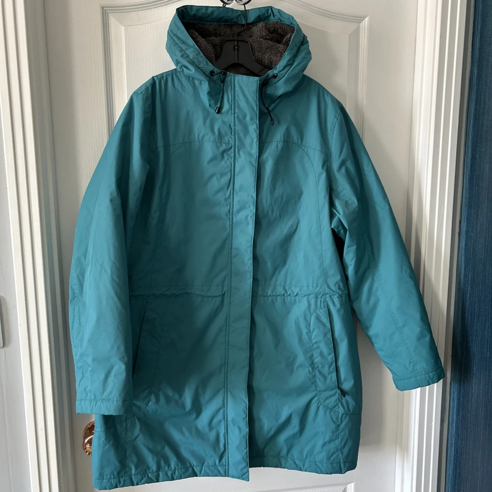 LL Bean Jacket Women’s XL Teal Blue/Green Fleece Lined Coat Parka Hooded Zip Up