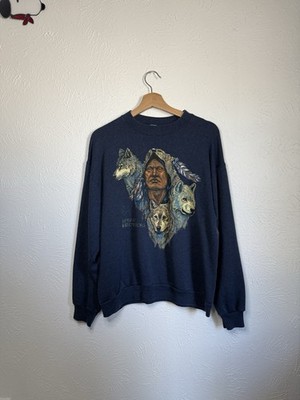 Vintage Native American Wolf Sweatshirt  Crewneck XL Fits L Spirit Brothers 