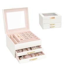 Jewelry Storage Box with Glasses Lid, 3-Tiers Jewelry Organizer Box for Women...