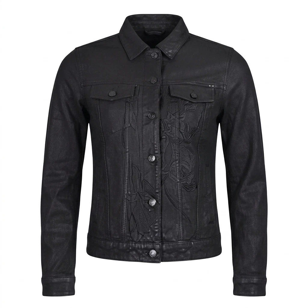 Men's Black Coated Denim Jacket Slim Fit Trucker Style Classic Casual Outerwear