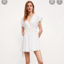 Zara Women's White Ruffle Sleeve Surplice Neckline Side Tie Mini Dress Size S