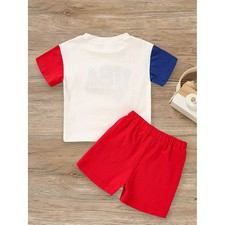 Infant Baby Boy 4th Of July Outfit Set USA Letter Print Color Block T-Shirt Sh