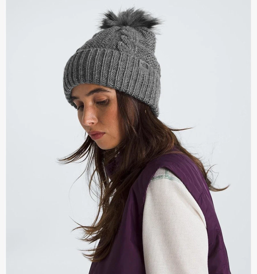 THE NORTH FACE Women's Oh Mega Fur Pom Beanie Medium Grey Heather One Size NWT - Image 2 of 4
