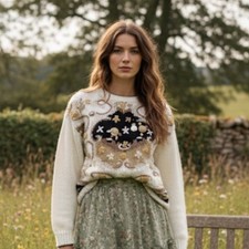 VTG 90  s Knit Sweater Cottagecore Crochet Embroidered Floral Granny Boho Art M