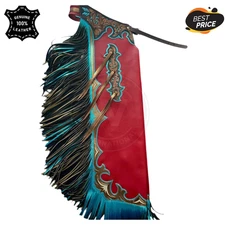Hand Tooled Red Leather Rodeo Chaps  & Turquoise Fringe Western Bull Riding Gear