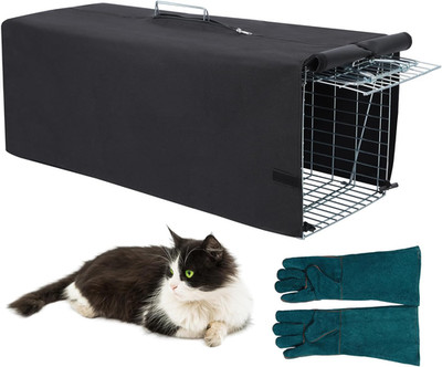 Live Animal Trap Cage with Cover&Gloves, Humane Cat Trap for Raccoons, Squirrels