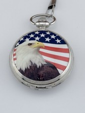 Patriotic American Bald Eagle Quartz Pocket Watch 12" Chain New Battery 46.6mm