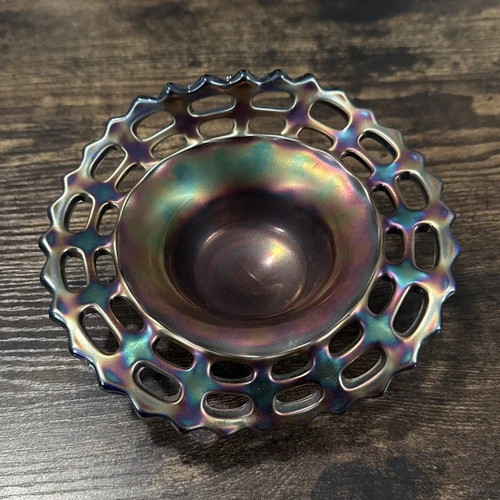 Fenton Carnival Glass Blue Basket Weave Open Top Ruffle Edge Vintage 6 inch MCM