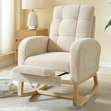 Beige Teddy Upholstered Rocking Chair w Footrest Side Pocket Glider for Nursery