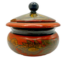 Hand Painted Russian Khokhloma Sugar Bowl With Lid Floral Lacquered Vintage