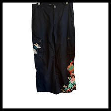 Johnny Was Embroidered Black Cargo Pants Size 8 Floral Bird Boho Chic NWOT