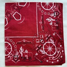 VTG Bandana Western Cowboy Village Cactus Handkerchief Red Cotton Kerchief 19"