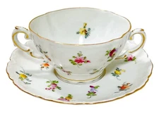 DRESDEN Germany Antique Hand Painted Floral Double Handle Porcelain Cup & Saucer