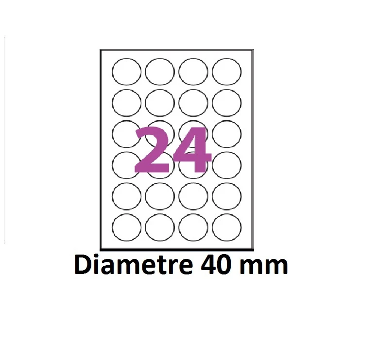 planche de 24 étiquettes autocollantes blanche mat RONDE diamètre 40 mm E3613