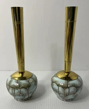 Pair of Vintage Bud Vase Hand Painted DELFT HOLLAND Porcelain & Brass Design 