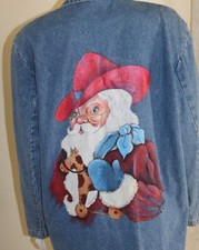 Art-to-wear Christmas Hand-painted Santa Wester Ooak Jean Jacket Sz L Jordache