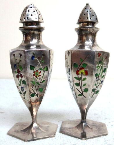 ANTIQUE CHINESE EXPORT STERLING SILVER ENAMEL SALT & PEPPER SHAKERS - Picture 1 of 5