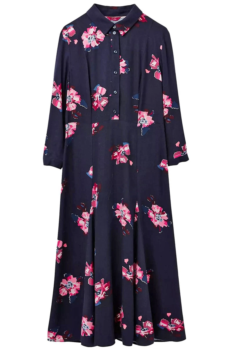 Joules Ladies Navy Pink Floral Shirt Dress Long Sleeve Midi Length